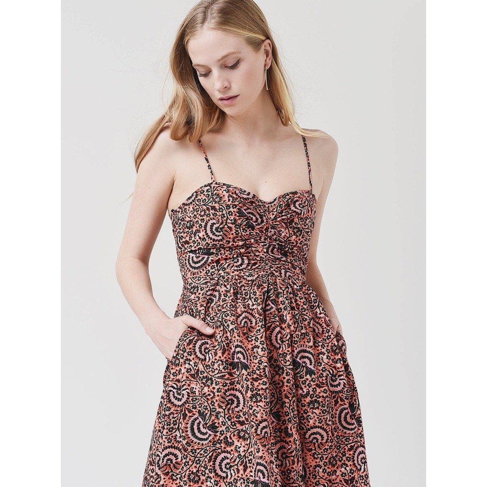 ALC Orange Paisley Floral Cotton Smocked Mini Dress with Pockets‎ Size 12